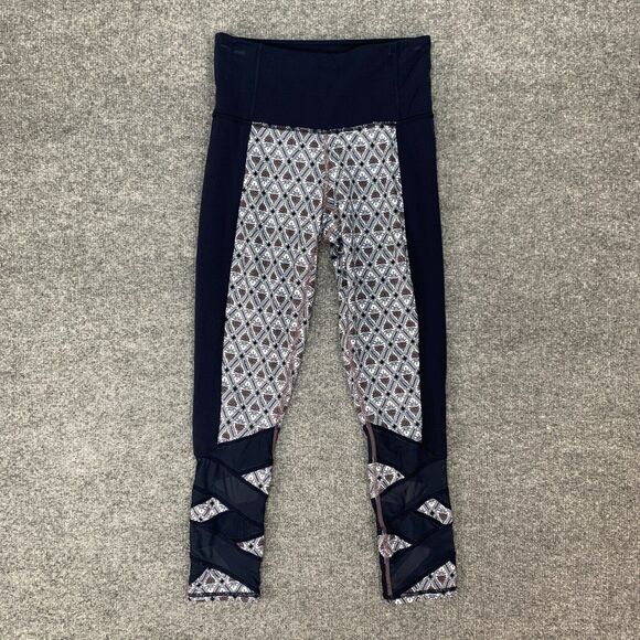Athleta Print Mantra Capri Legging Womens XXS 2XS Navy Multi Criss Cross Mesh - Picture 2 of 15